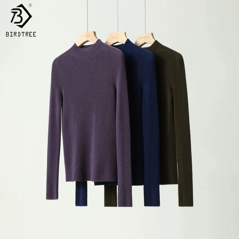 

Женская трикотажная базовая футболка Birdtree с воротником-стойкой, 90% чистая шерсть, 10% кашемир, с длинным рукавом, бесшовная, новинка 2026 года, T5D526JF