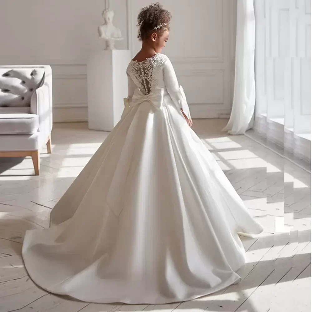 JDY Custom Satin Flower Girl Dress Long Sleeve Lace Back Big Bow Train Kids Wedding Birthday Party Elegant Gown