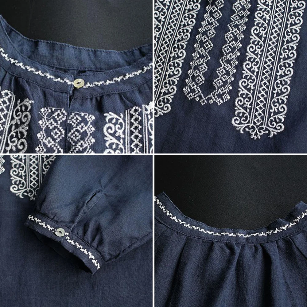 Bluzki damskie z haftem w stylu vintage Plus Size Solidna koszula z długim rękawem w stylu etnicznym Jesienne luźne koszule damskie Odzież wierzchnia