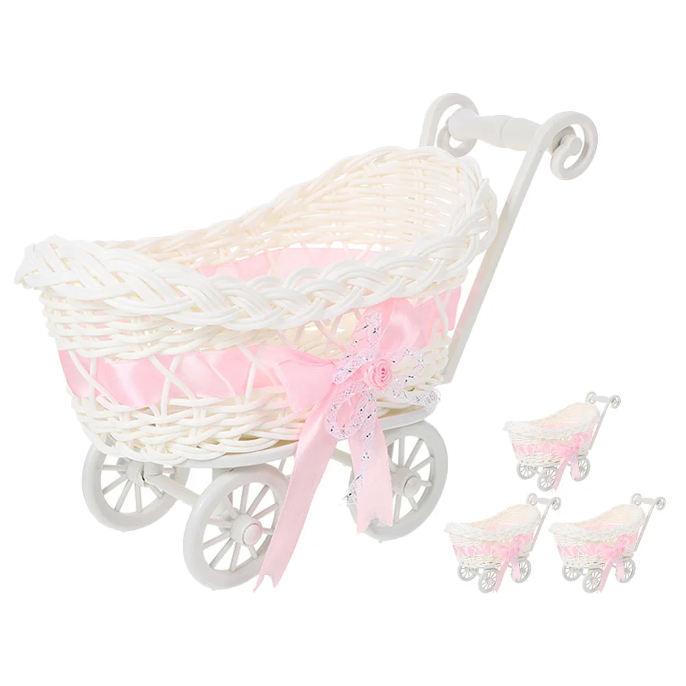 

4 Pcs Basket Decoration Wicker Baskets Mini Baby Dolls Stroller Wagon Snack Box