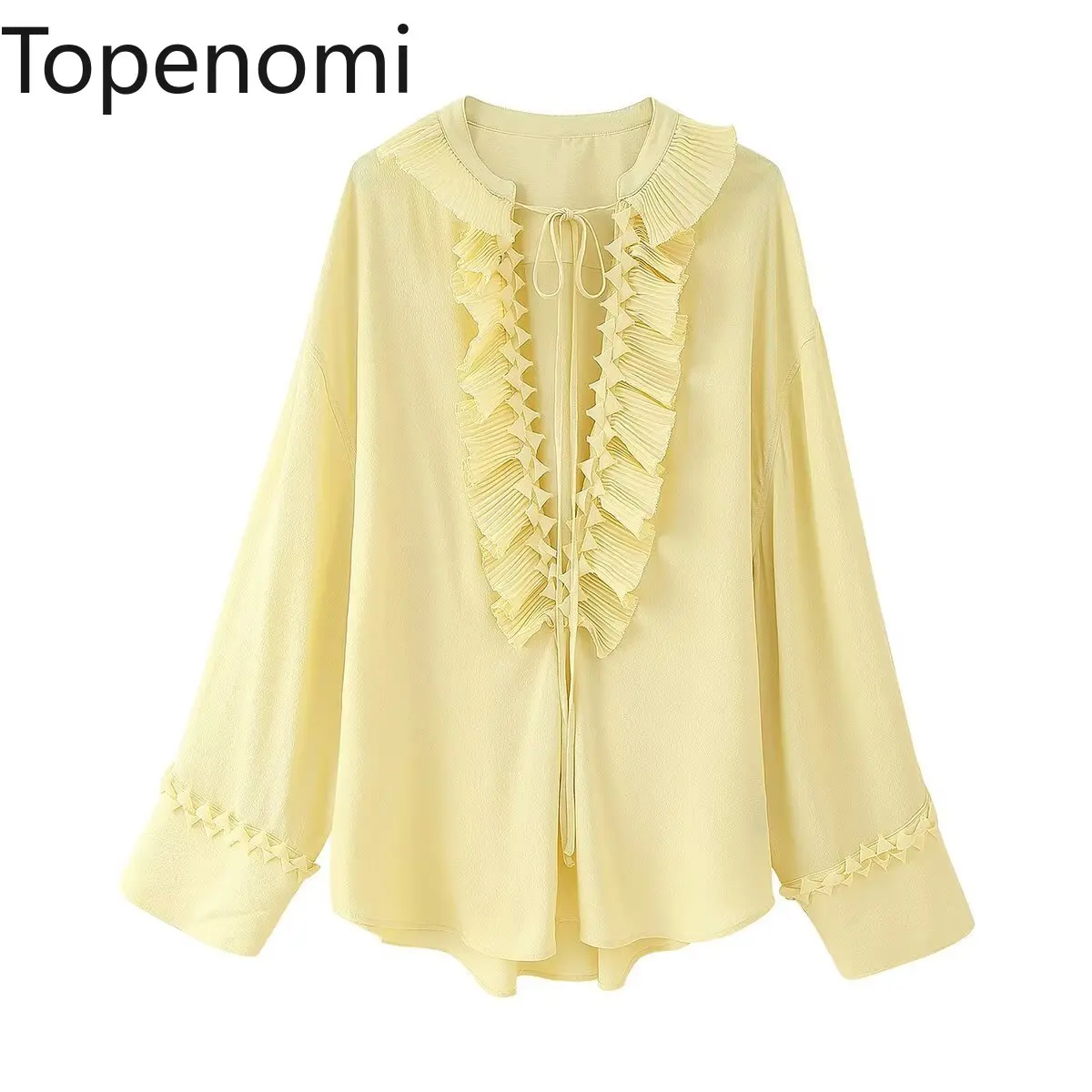 

Topenomi Solid Pleated Ruffle V Neck Lace Up Chiffon Blouse Women 2025 Summer Loose Long Sleeve Tops Elegant Office Lady Shirts