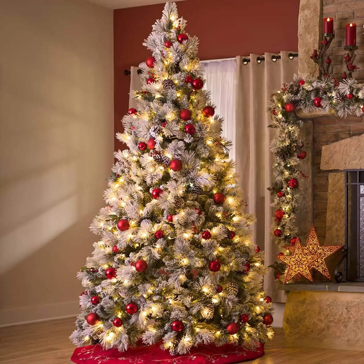 7,5 Fuß großer, mit Schnee beflockter Weihnachtsbaum mit Tannenzapfen, künstlicher Weihnachtsbaum mit 450 warmweißen