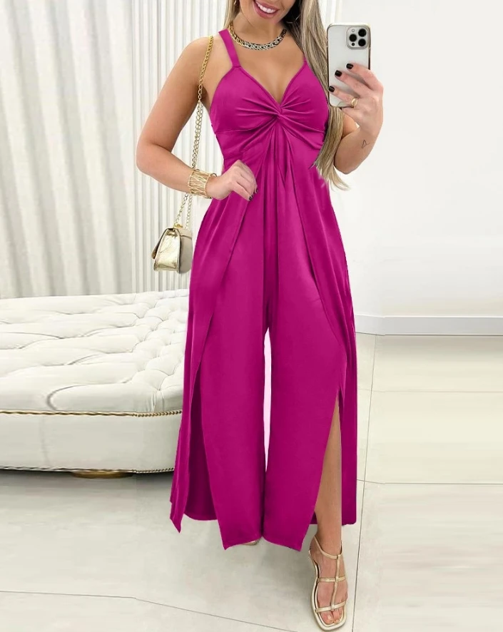 Women's Sexy Jumpsuit 2024 Spring/summer Latest Casual Twisted Slit Sleeveless V-Neck Slit Twist Romper Daily Vacation Bodysuit