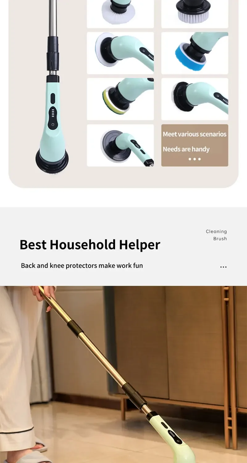 Simplify everyday cleaning with a rechargeable electric spin scrubber featuring an extension handle, interchangeable brush heads, USB-C charging, and a battery display.