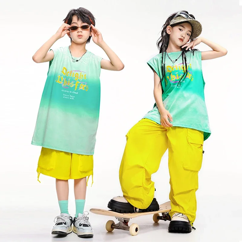 

Street Dance Costumes For Kids Gradient Green Hip Hop Tops Vest Yellow Shorts Loose Trousers Child Jazz Performance Outfit