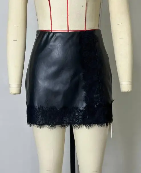 2026 ماتي عالية الخصر الورك المعانقة نصف الجسم تنورة جلدية بولي leather الجلود سستة تنورة قصيرة المرأة الدانتيل المرقعة نصف الجسم تنورة