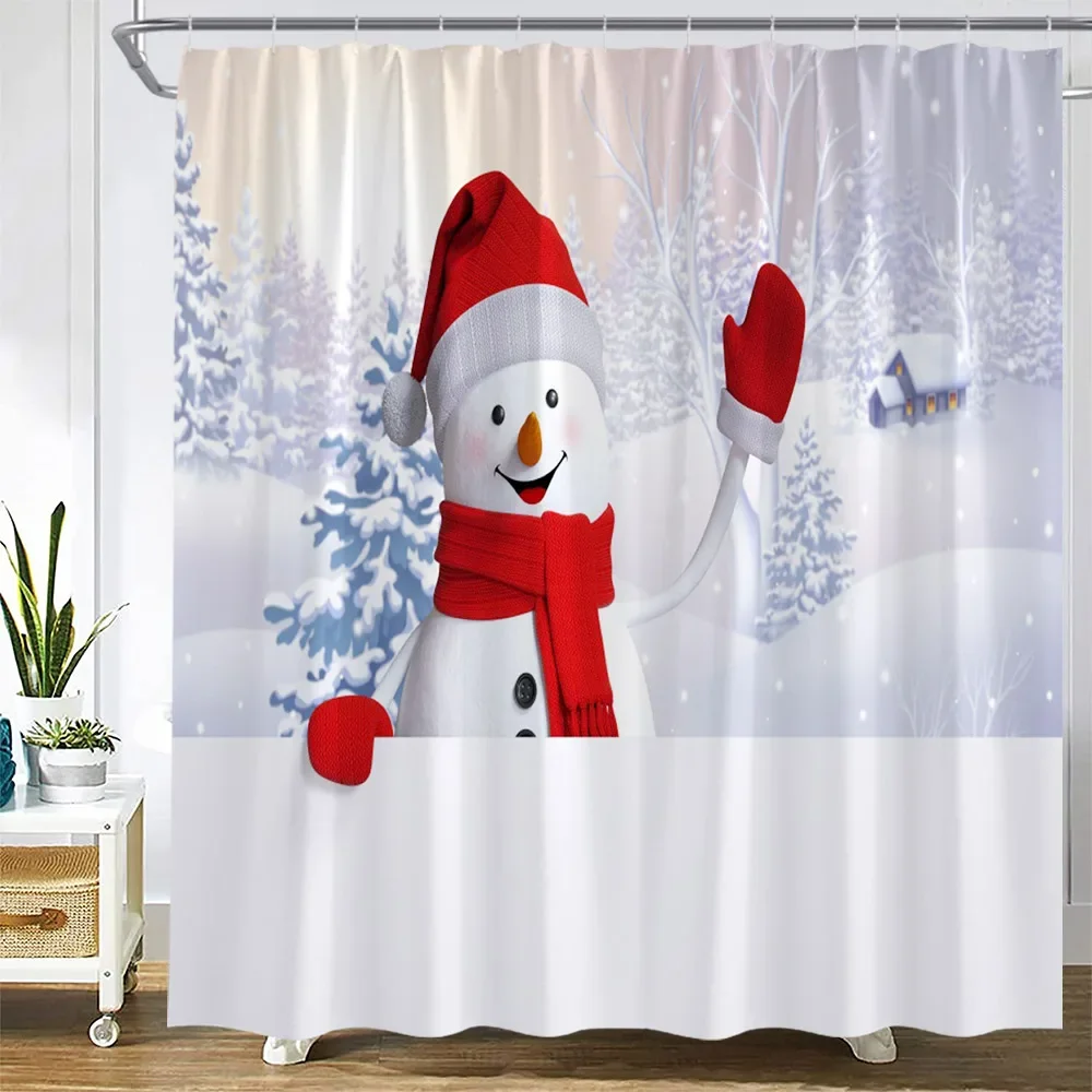 Christmas Shower Curtains Funny Snowman Fir Branch Gift Xmas Ball New Year Holiday Fabric Home Bathroom Decor Bath Curtain Sets