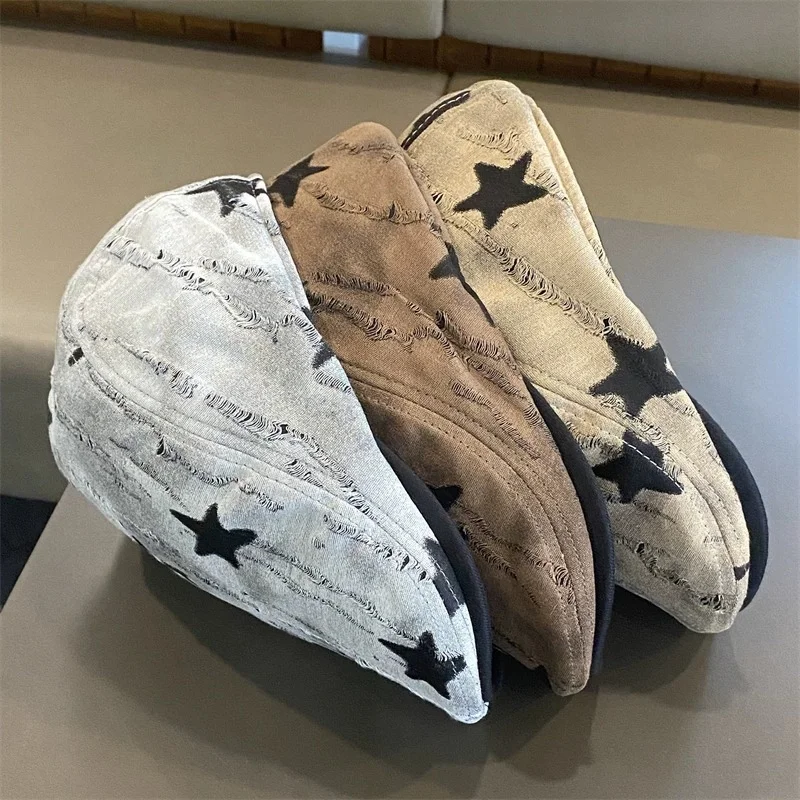 Vintage Distressed Star-Print Women’s Versatile Backward-Wearable Baseball Cap / Beret (Large Head Circumference)