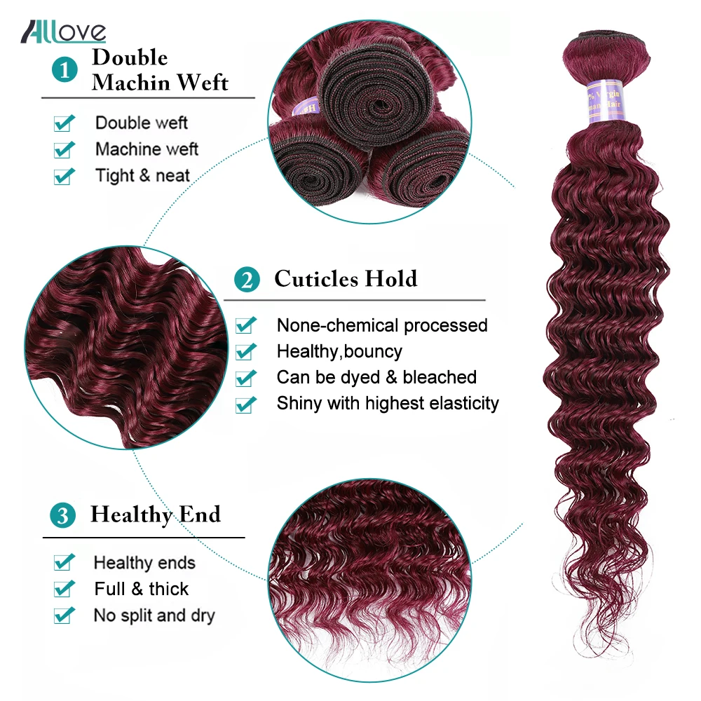 Allove-extensiones de cabello humano Remy para mujer, mechones de ondas profundas Borgoña 99J, 30 pulgadas, brasileño, rojo, 100% colores