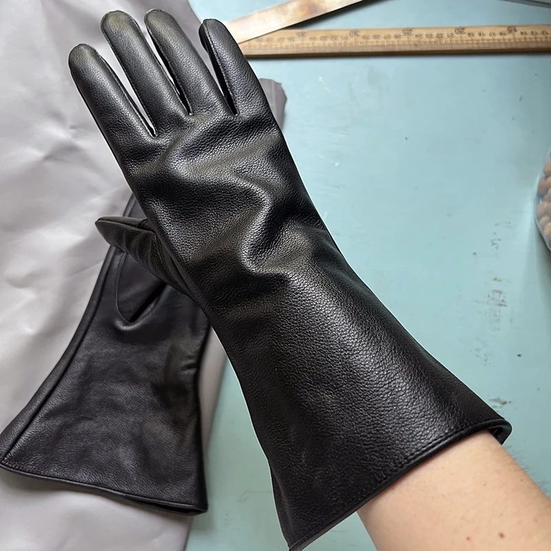 35cm men\'s cowhide gloves luxury thin lining and tight-fitting long driving motorcycle gloves