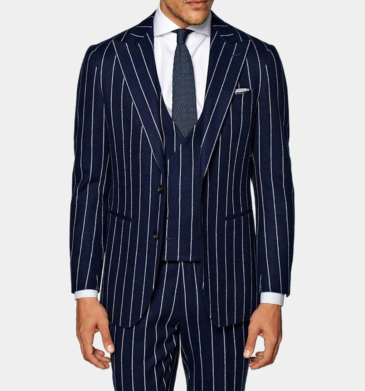 Navy Blue Men Suits 3 Pieces Blazer Vest Pants Single Breasted Business Peaked Lapel Pinstripes Wedding Groom Tailored Plus Size