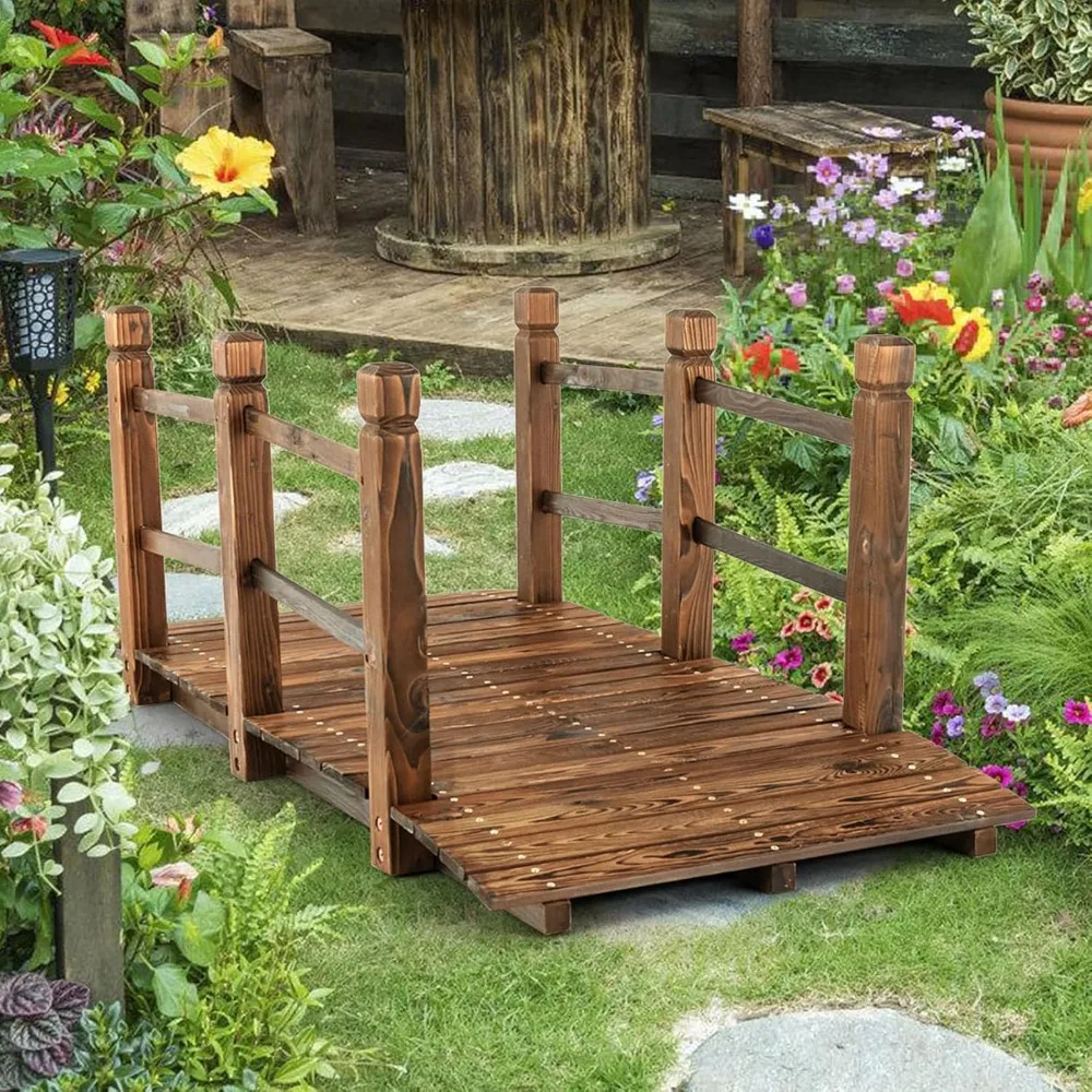 

5 ft Garden Bridge - Stained Wood Arc Footbridge Walkway with Side Railings, Decorative Wooden Bridge Landscaping for Backyard