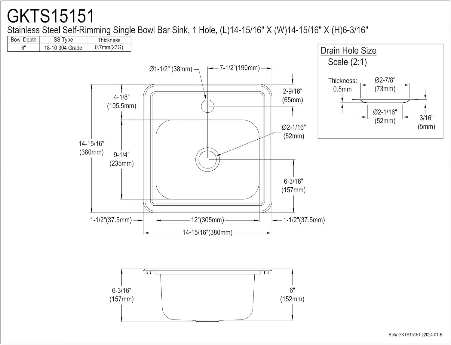 Kingston Brass GKTS15151 Self-Rimming Single Bowl Kitchen Sink, Brushed, 14-15/16