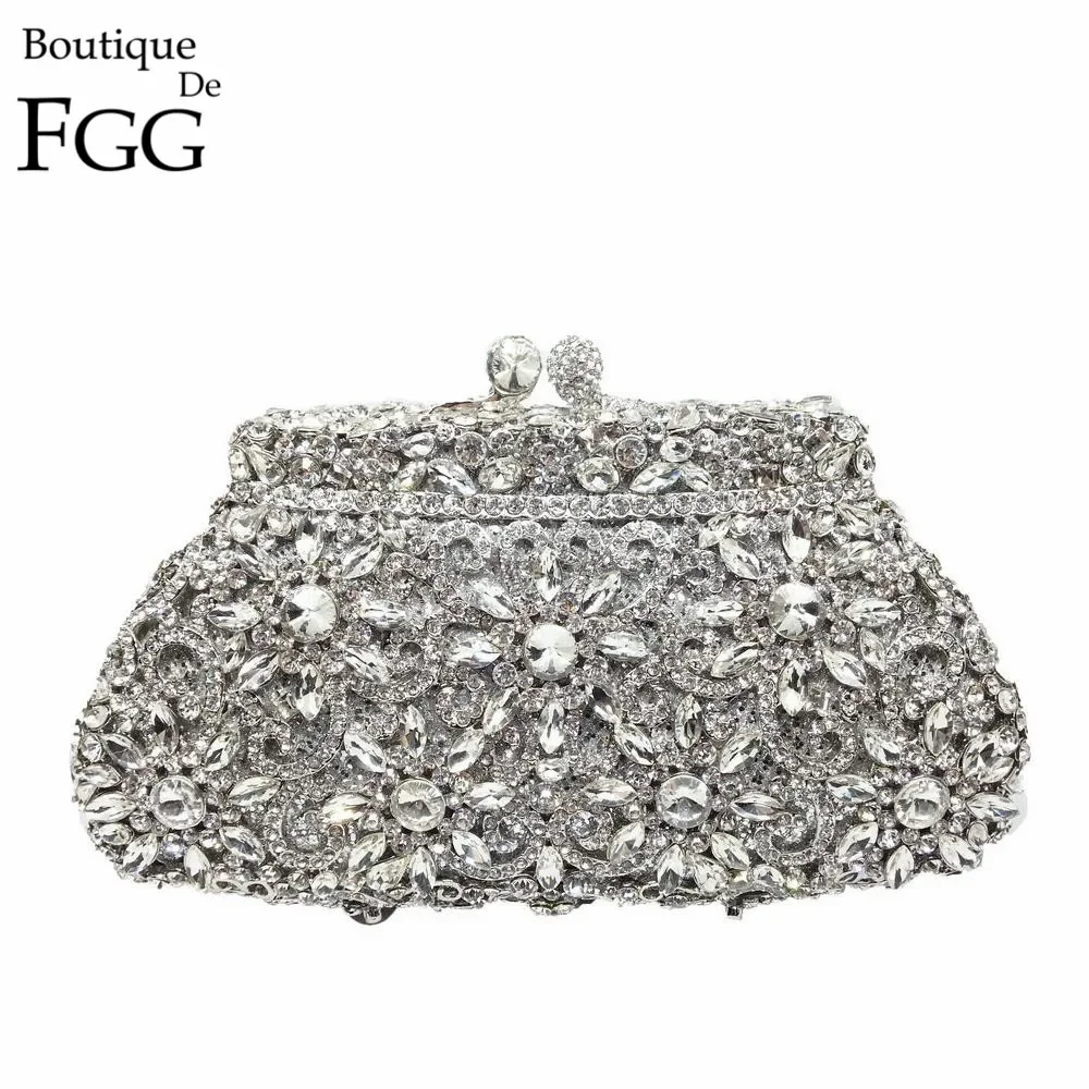 Boutique De FGG-Bolso De mano con corona De flores para mujer, bolso De noche De cristal plateado, bolso De fiesta De graduación, bolso De mano