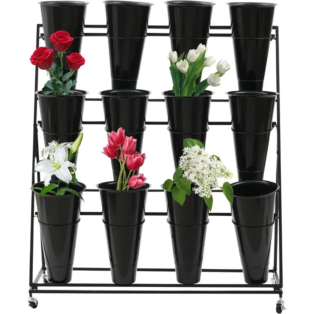 

Flower Display Stand Shelf,3 Layers Metal Floral Rack Plant Shelf,12 Plastic Buckets,Moving Flower Cart,Indoor Gardens Shelf