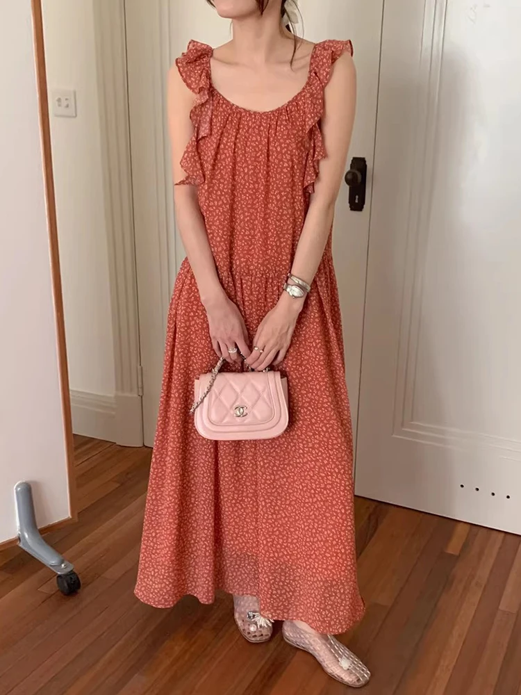 Retro Chic Sommer Floral Print Off Oulder Rüschen Saum Weste Dr frauen Lose Taille Koreanische Sle Langen Rock ohne Sve