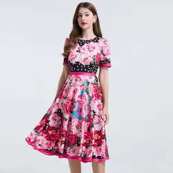 Elegant Polka Dot Print Midi Dresses Women Summer Holiday Short Sleeve Floral Sweet Casual Retro Long Dress Sicilian