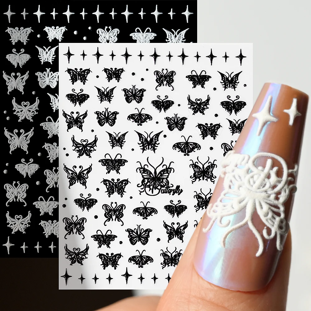 

1Pcs Black White Butterfly 5D Realistic Relief Nail Sticker Holographic Adhesive Nail Art Decals Embossed DIY Bronzing Slider