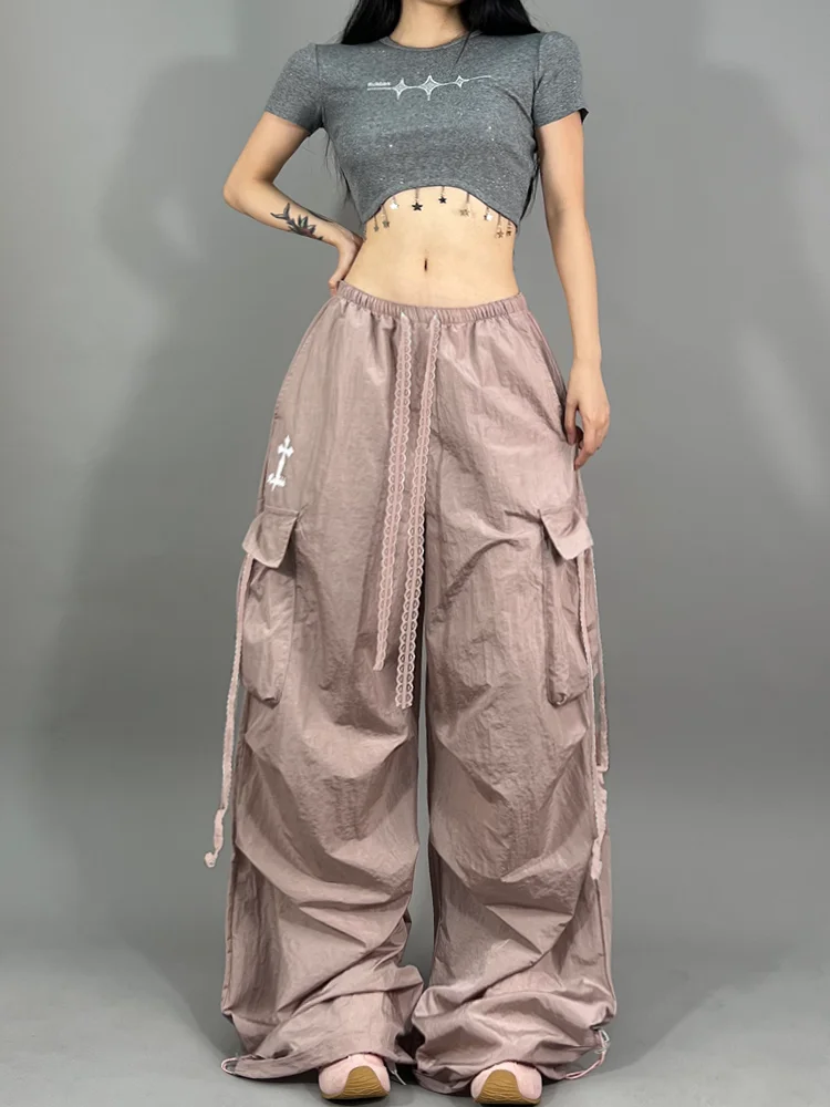 Luźne spodnie damskie w stylu jazzowym, streetwear, do pracy, amerykańskie, codzienne, asymetryczny krój, wygodny materiał nylonowy.