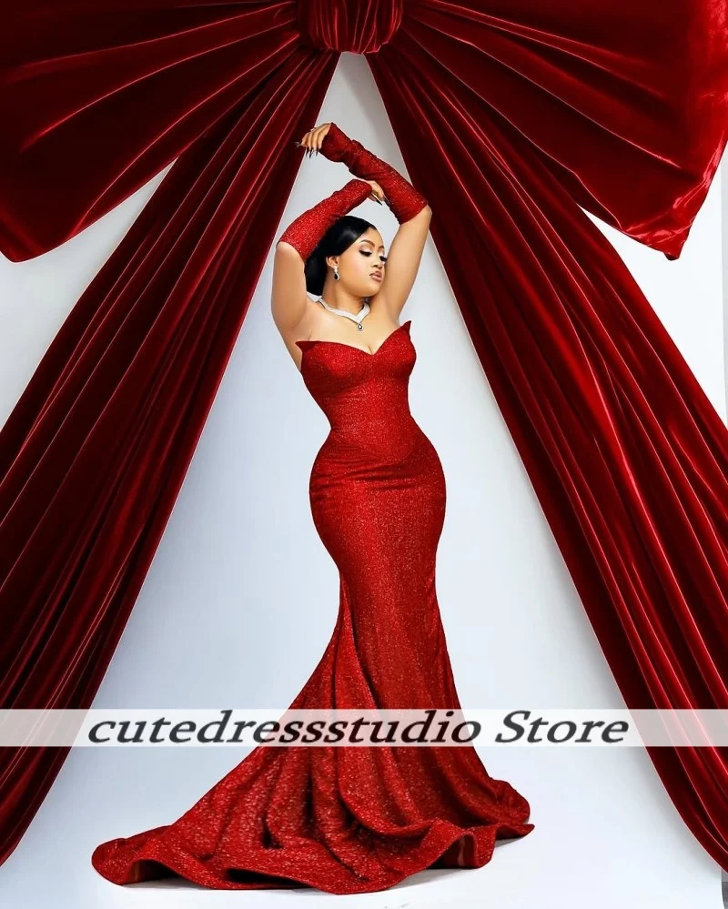 ชุดราตรีสีแดงประดับเลื่อมสำหรับสาวผิวสี ชุดเดรสทรงเมอร์เมดผ่าสูงสำหรับงานแต่งงาน งานปาร์ตี้ ชุดราตรียาวแบบคอวี ชุดพรอมหรูหราสั่งตัดได้
