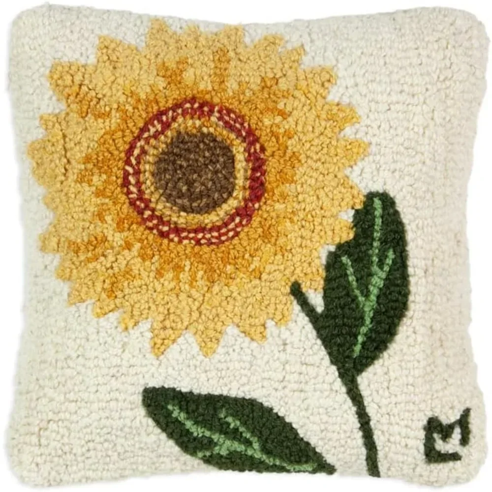 Artist-Designed Sunflower Bloom Hand-Hooked Wool Decorative Throw Pillow (14 in x 14 in) Garden Pillow for Couches & Beds