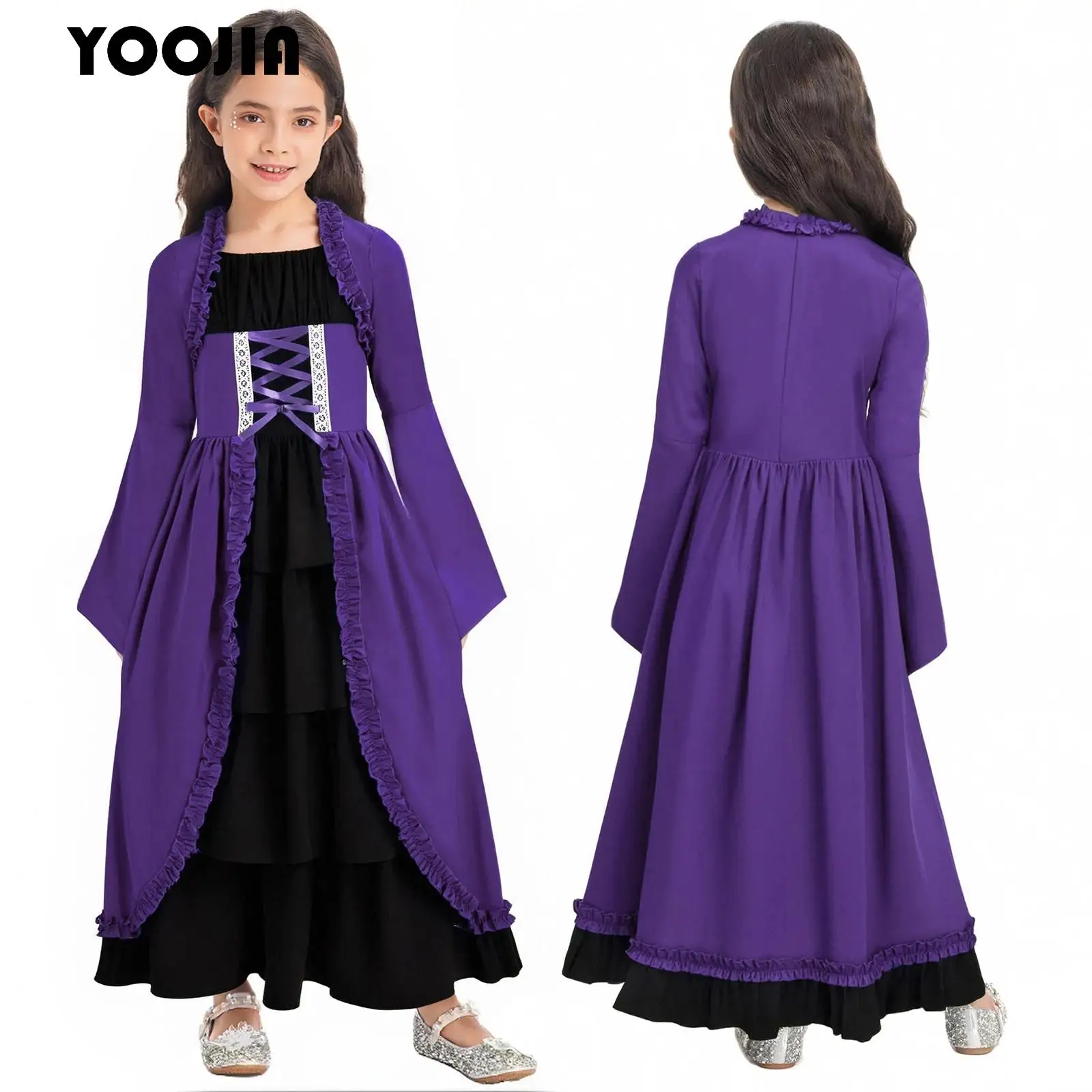 

Girls Medieval Dress Halloween Renaissance Gown Historical Party Castle Princess Cosplay Costume Ruffled Victorian Maxi Dress