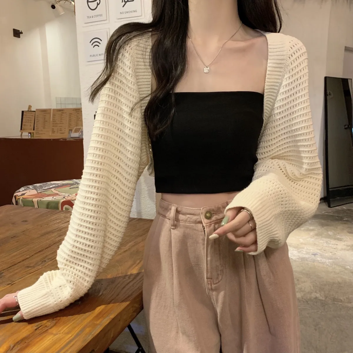

Korean Version Of Fashion Loose Hollow Short Top Cardigan Long Sleeve Knitted Women's Summer Coat