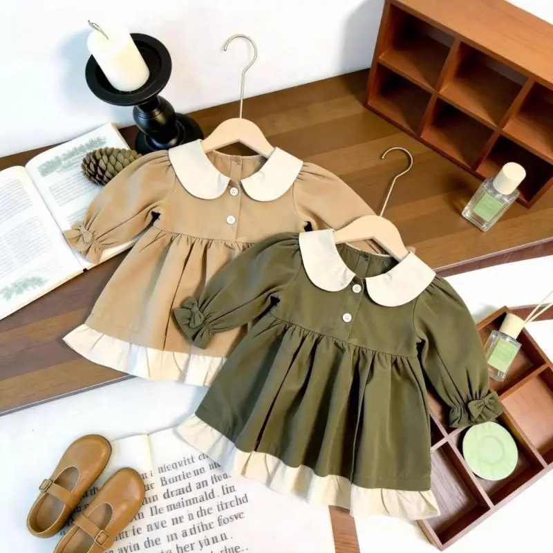 

2026 Spring New Children Long Sleeve Dress Cotton Girls Cute Peter Pan Collar Princess Dress Kids Casual Dress Toddler Clothes