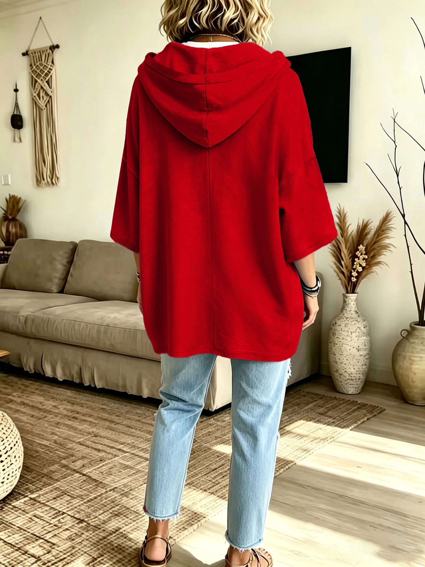 Einfarbiger Damen-Hoodie mit 3/4-Ärmeln, Lässiger Lockerer Pullover für Herbst und Winter – Detail 8