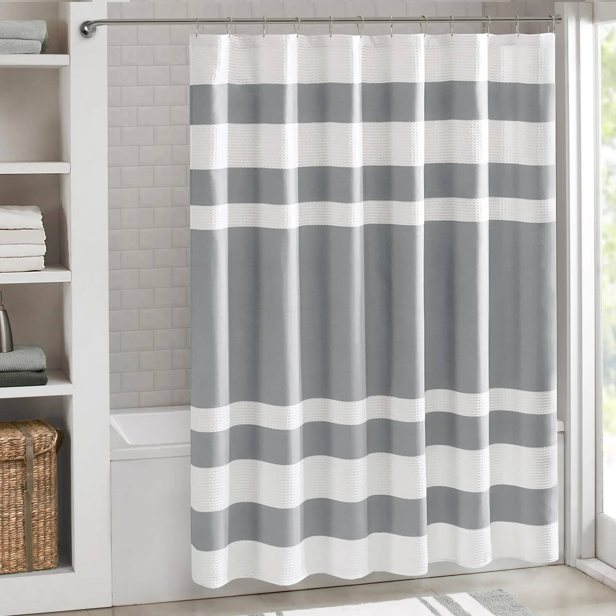 VIKAMA Geometric Shower Curtain Set Striped and Solid-Coloured Fabric Modern Home Bathroom Decor Bathroom Decor with Hooks
