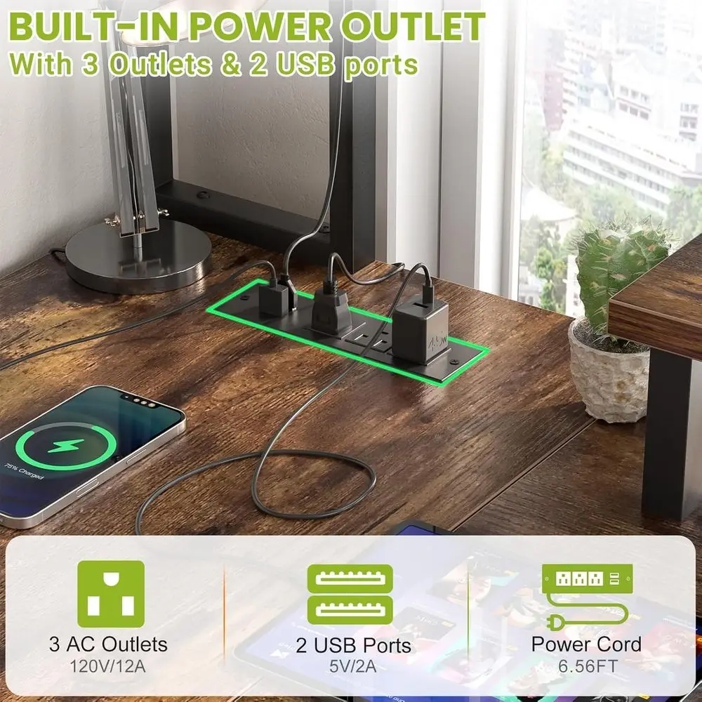 48 Rustic Brown L-Shaped Gaming Desk with LED, Monitor Stand, and Storage