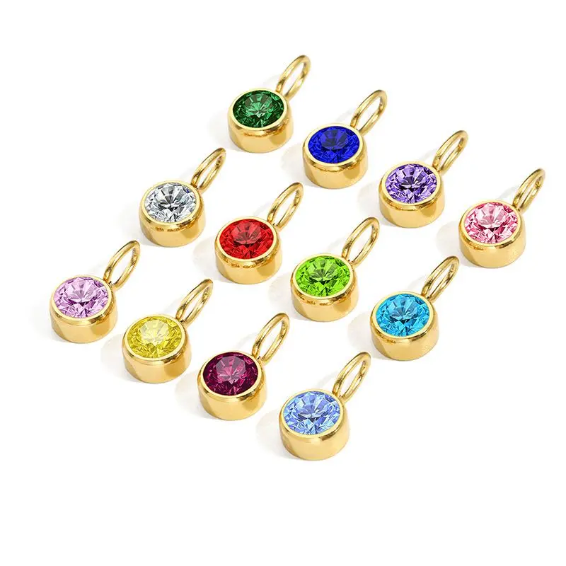 Birthstone Gold 12 Month Crystal Plated Stainless Steel Gemstone Birthstone Bezel Pendant Charm Waterproof 8MM 14K