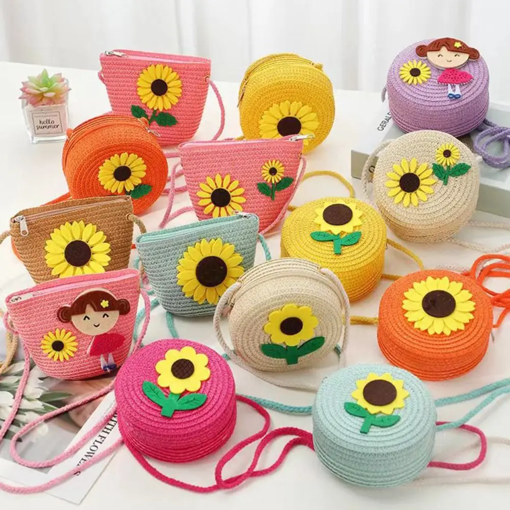 Durable Straw Crossbody Bag Flower Small Shoulder Bag Coin Purse Girls Kids