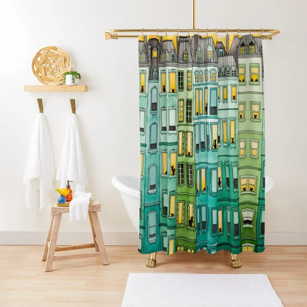 

Cats in Green Townhouses Shower Curtain For Shower Bathroom Deco Bathroom Shower In The Bathroom Curtain