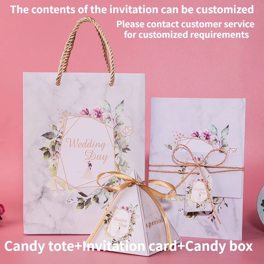 

Wedding Invitation Candy Box, 3-Piece Set, White Rose Printed Ribbon, Customized Gift