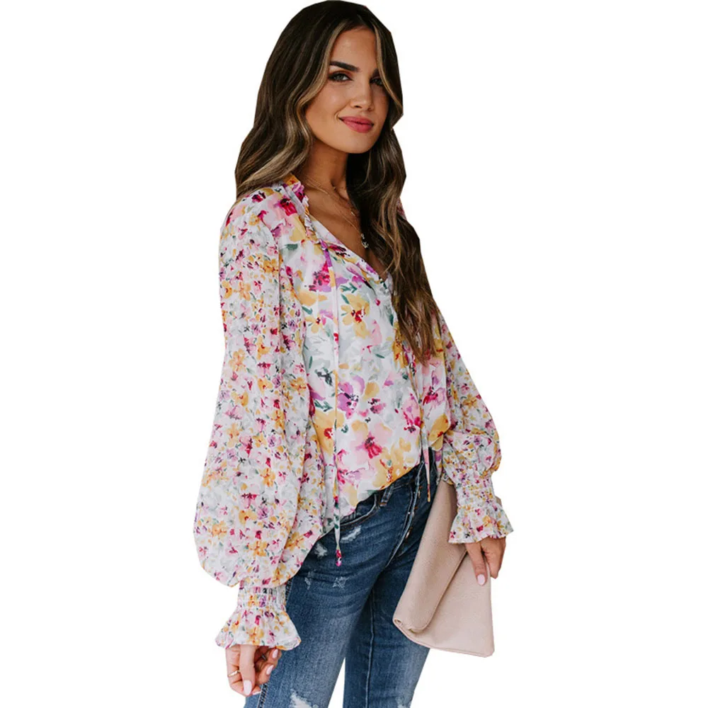 Spring and summer 2024 new women\'s vintage printed V-neck bell-sleeve shirt elegant beautiful ladies floral long-sleeved shirt