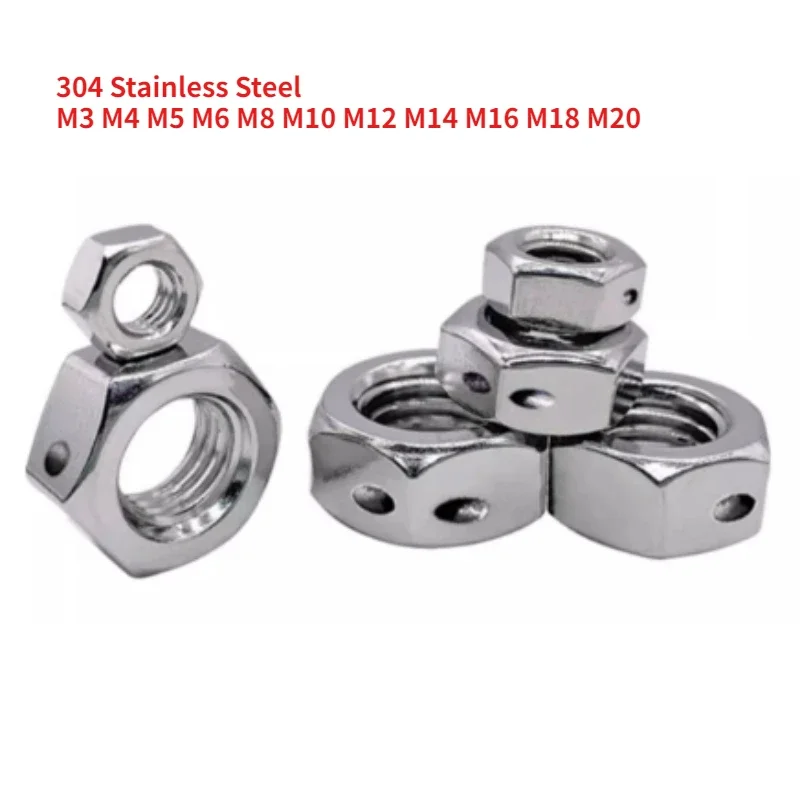 10pcs DIN934 304 Stainless Steel Hexagonal Metric Fine Tooth Nut with Holes Drilled on The Side and Lead Seal Nut M3-M20