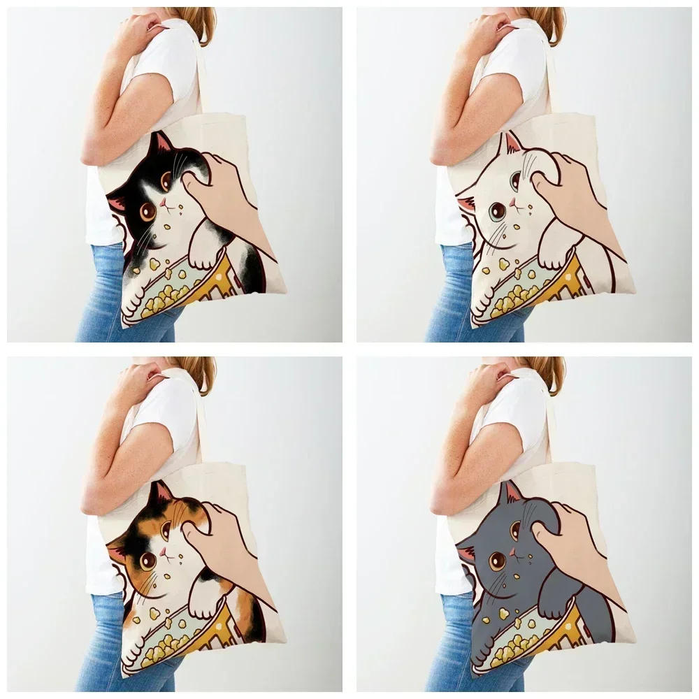 CW1-Sac de courses en toile réutilisable pour femme, animal de compagnie mignon, sac à provisions décontracté, chat de dessin animé drôle, double face