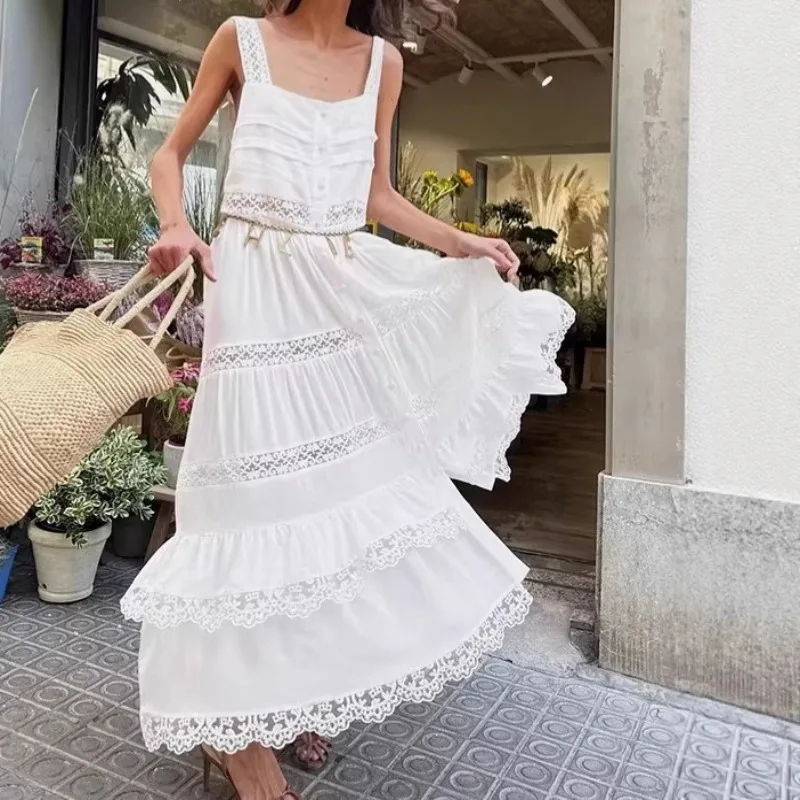 

Bohemian Casual Lace Suspender Dress Women's 2026 Spring Vacation Style White Pendulum A-shaped Dress Women's Clothing