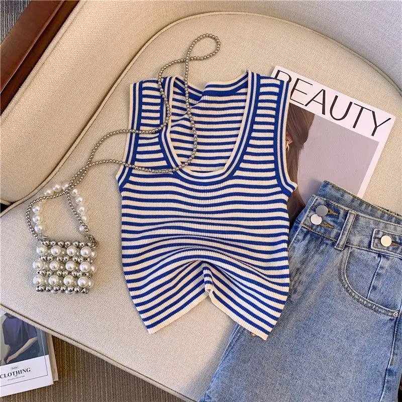 Sexy Knitted Ice Silk Striped Tank Top Unique Sweet Hot Girl Short Low Neckline Sleeveless Top Tank Top Women