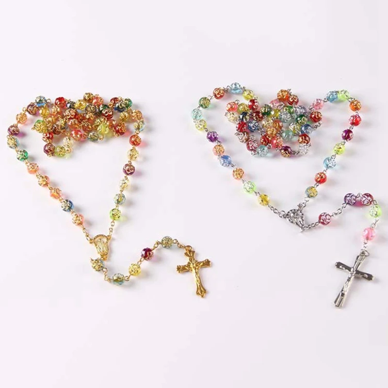 Colorful Acrylic Rose Flower Beads Religious Cross Necklace Catholic Rosary Necklace Jesus Crucifix Stars Mary Centerpiece