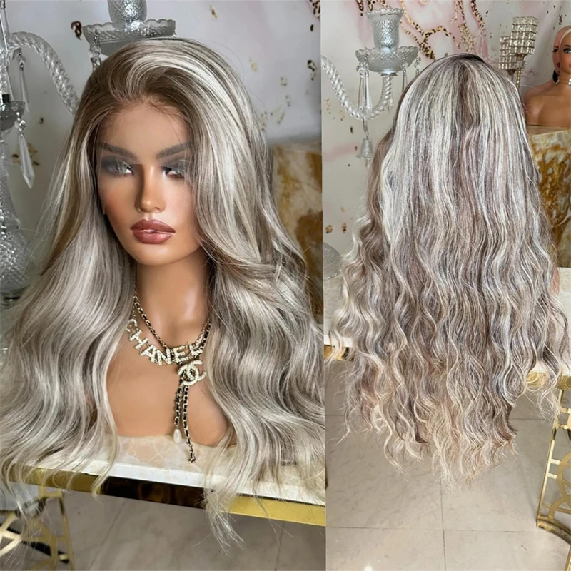 

Realistic Preplucked Hairline Wig Women’s Wigs Free Part Ombre Grey Blonde Brown HD Lace Front Wig Party Daily Cosplay Wigs 28''