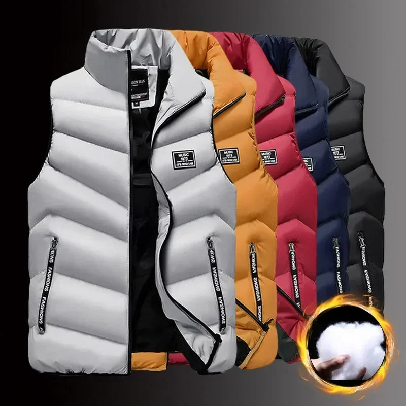 

8XL Men's Winter Warm Zipper Vest Sleeveless Cotton-Padded Thickened Stand Collar Casual Solid Jacket for Outdoor Wear