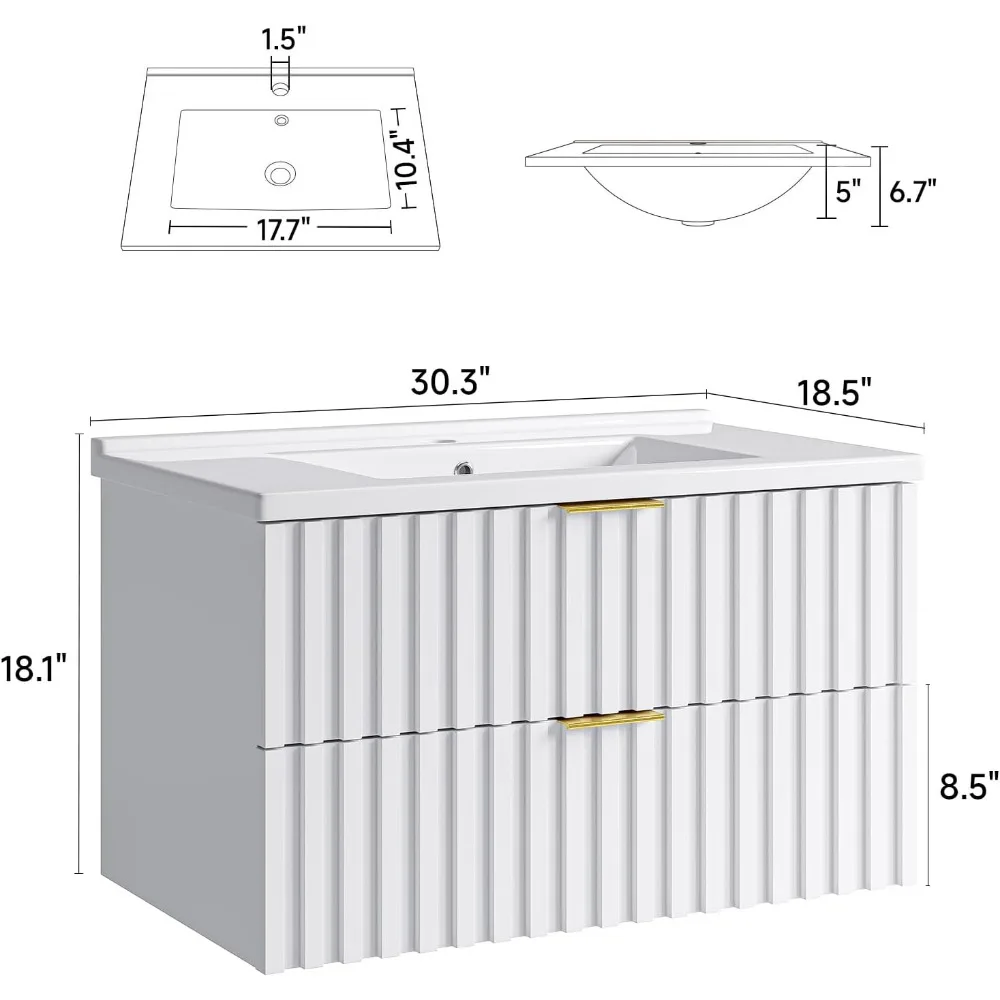 30 Inch Floating Bathroom Vanity with Ceramic Sink, White