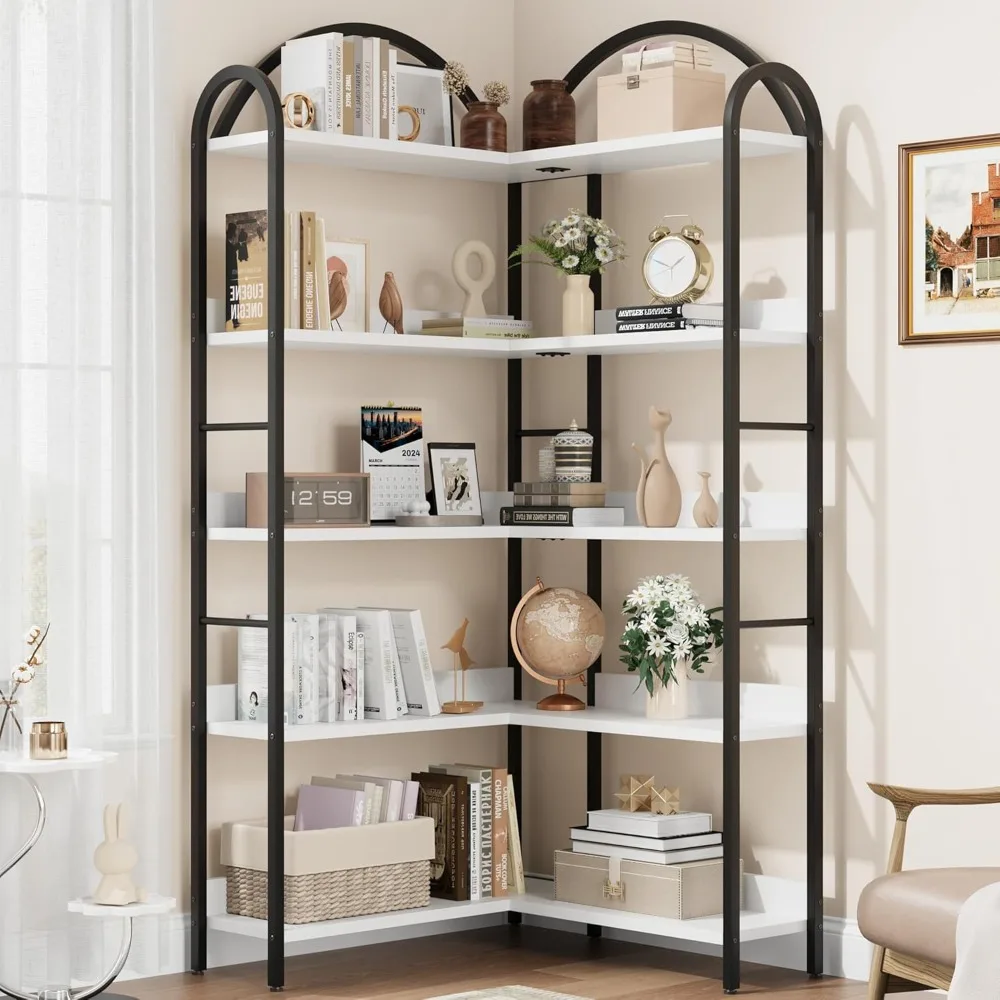 

Corner Bookshelf Industrial Bookcase, L Shaped Bookshelf Arched 5 Tier Corner Shelf, Large Bookshelf With Metal Frame