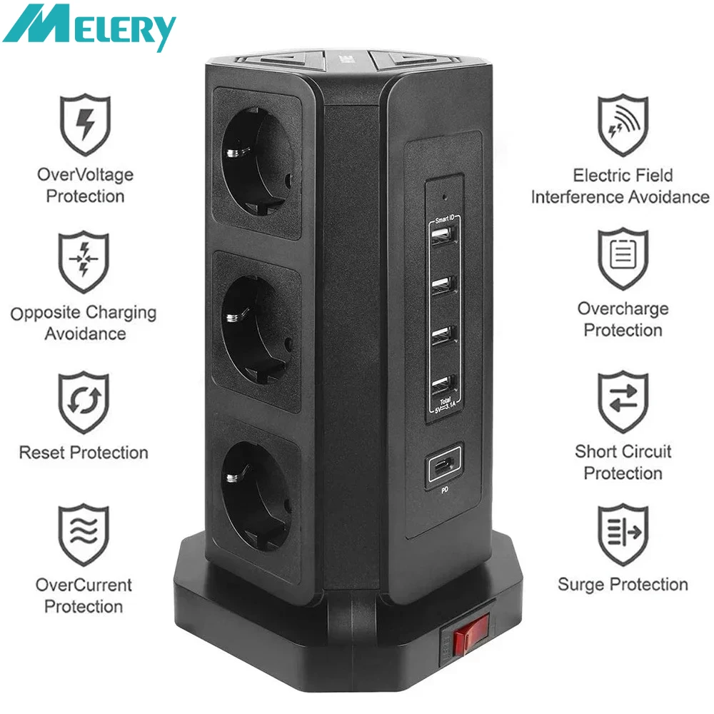 

Вертикальный удлинитель Melery, электрическая башня ЕС с кабелем USB типа C, удлинитель длиной 2 м, сетевой фильтр, вилка Kr, розетка