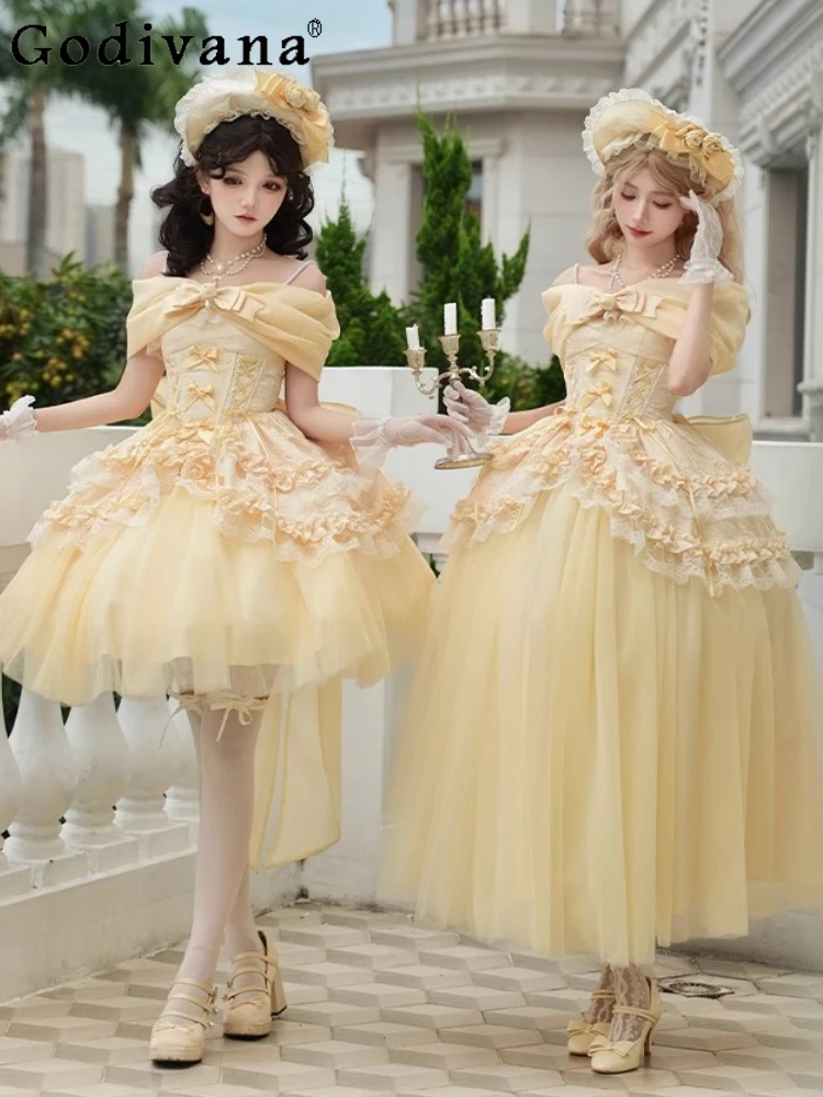 

French Princess Style Tea Party Lolita Dress Set Summer New Woman's Slim-Fit Sweet Bow Elegant Long Skirt Sleeveless Tops Set