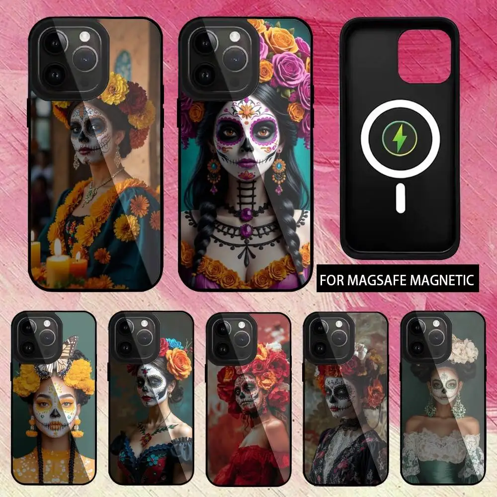 

Day of the Dead Mexican Catrina Skull Phone Case For iPhone17,16,15,14,13,12,11 Plus,Pro Max Magnetic Magsafe Wireless Charging