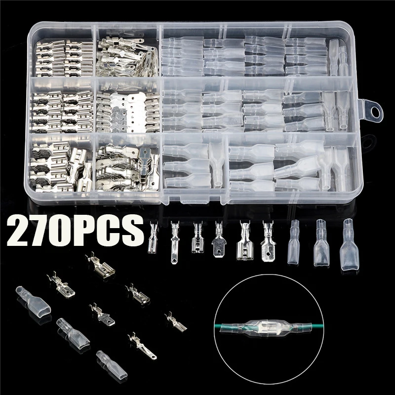 120/270Pcs 2.8/4.8/6.3mm Bare End Plug Spring Cold-Press Insulated Terminal Block Wire&Cable Connector Spade Terminal Kit box