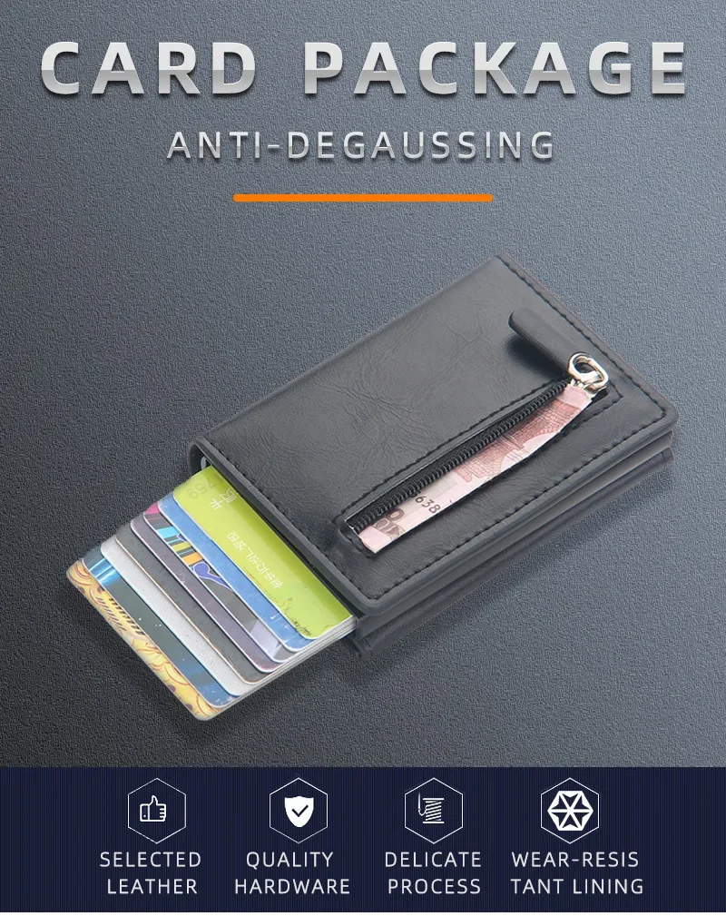 Magnetische RFID-blockierende Kreditkarteninhaber Männer Brieftaschen Anti-Diebstahl Aluminium Metall Pu Leder Kleine Pop-Up Brieftasche Karteninhaber Fall – Detail 1